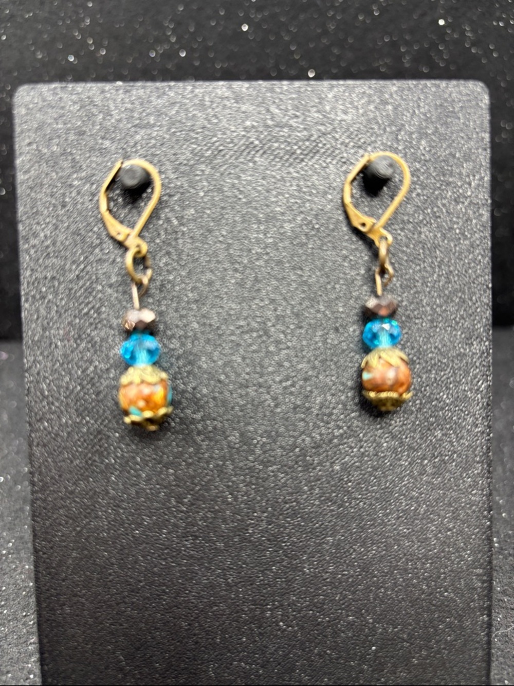 Vintage-Inspired Blue and Gold Bead Drop Earrings - Picture 2 of 4
